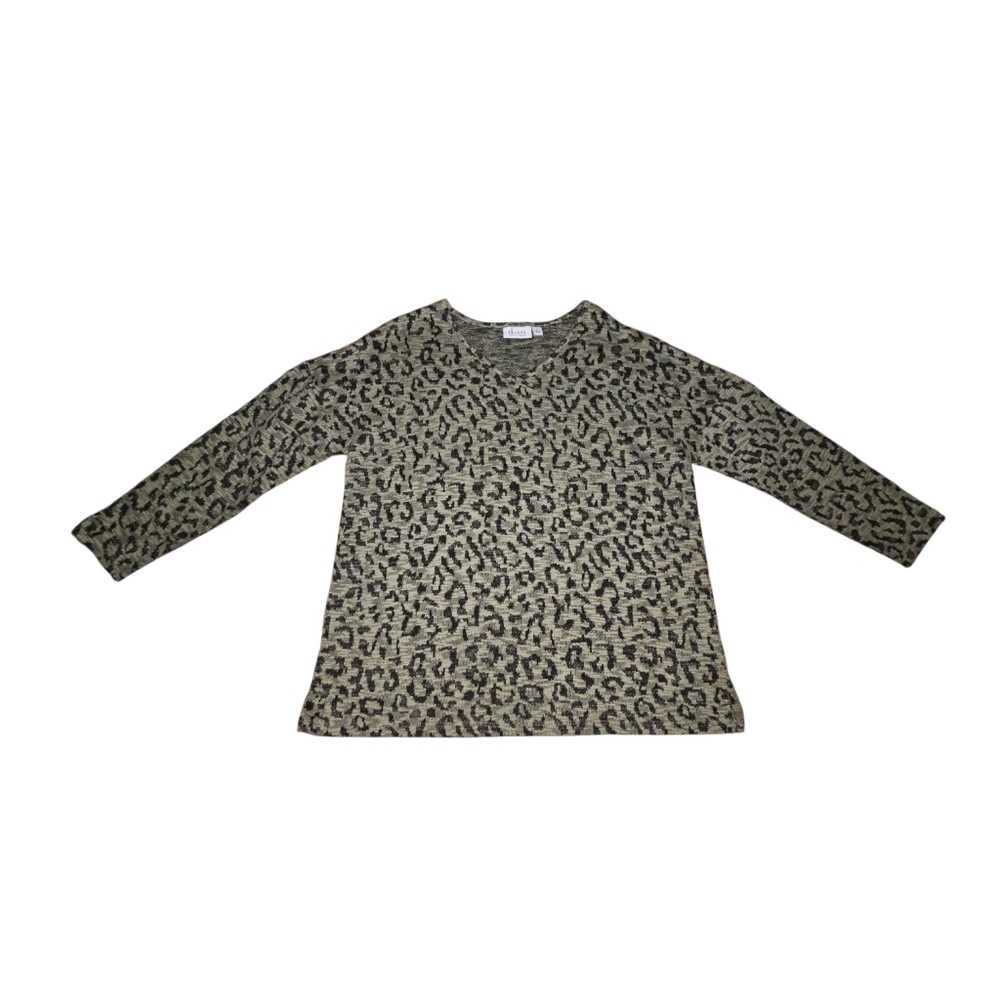 Denim & Co Sweater Women 1X Olive Leopard V-Neck Long Sleeve Knit Pullover Top